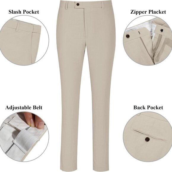 Men's Beige Linen Suit Set - Stylish 2 Piece Tuxedo for Weddings & Parties - Picture 5 of 6